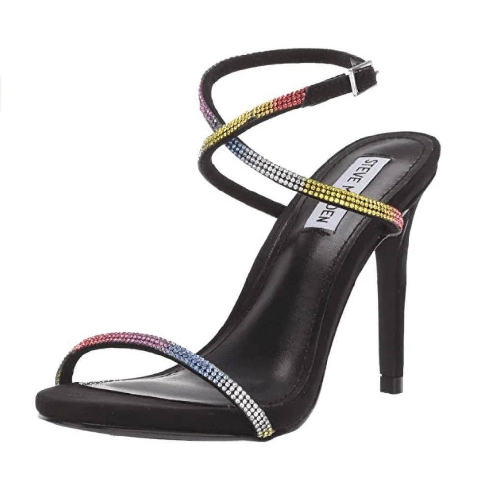 Steve Madden Black High Heel Sandal with Multicolor Rhinestone Straps